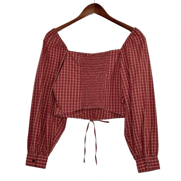 Levis Plaid Crop Blouse Devin Puff Sleeve Top Western Country Red SZ Small - Picture 4 of 16